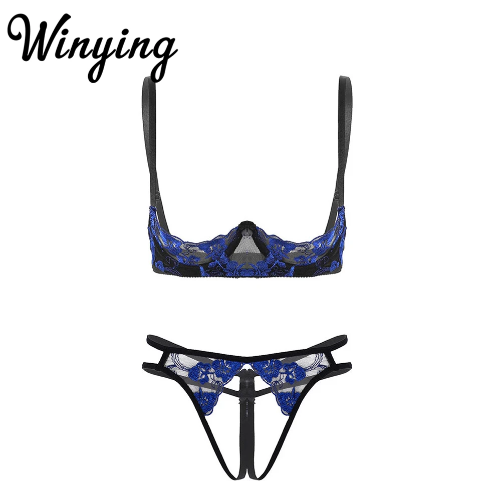 

Women Embroidery Lace Sexy Underwear Erotic Lingerie Set Bare Breast Open Cup Push up Underwired Bra with Crotchless G-string