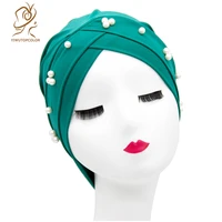 new muslim stretch cotton pearl turban hat solid color warm winter cross beanie turban hat indoor indian african turban women