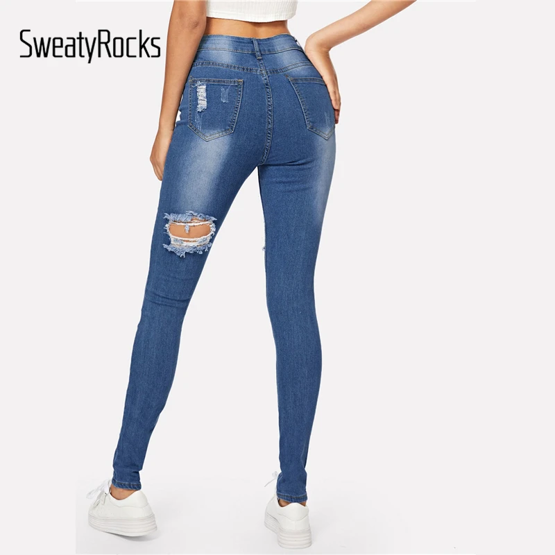 SweatyRocks рваные выцветшие пуговицы обтягивающие джинсы для активного отдыха женские синие повседневные джинсовые штаны Осенние повседневные длинные джинсы