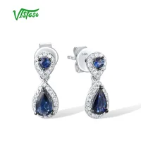 VISTOSO 14K 585 White Gold  Earrings For Women Sparkling Blue Sapphire Diamond Stud Earrings Simple Style Trendy Fine Jewelry