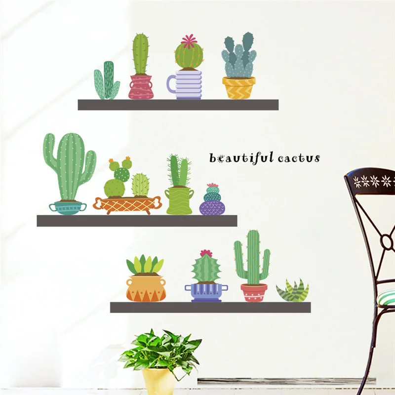 

Cactus Plant Pot Wall Stickers For Office Shop Home Decorations Natural Style Vivid 3d Wall Decal Pastoral Mural Art Pvc Poster