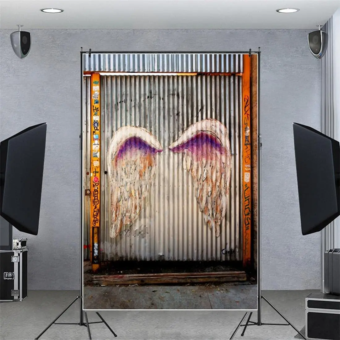 

Graffiti Wings On Wall Photography Backdrop Doodle Grotesque Painted Fallen Angel Rock And Roll 70s 80s 90s Party Background