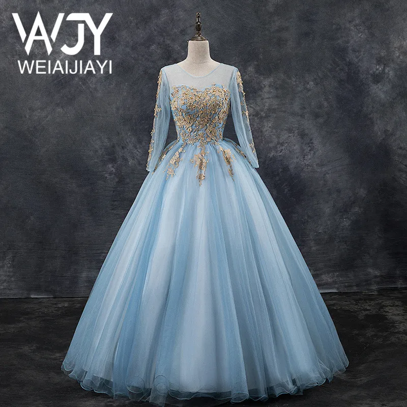 

Real Image Sheer Scoop Neck Long Full Sleeve Sky Blue Prom Dress Ball Gown Appliques Lace up Floor Length Sexy Low Price Pageant