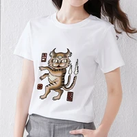 japanese street fashion womens casual white t shirt funny monster print pattern series short sleeve round neck slim soft top