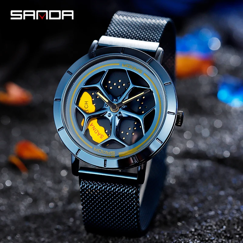 SANDA вращающийся циферблат водонепроницаемые прочные серебристые кварцевые часы