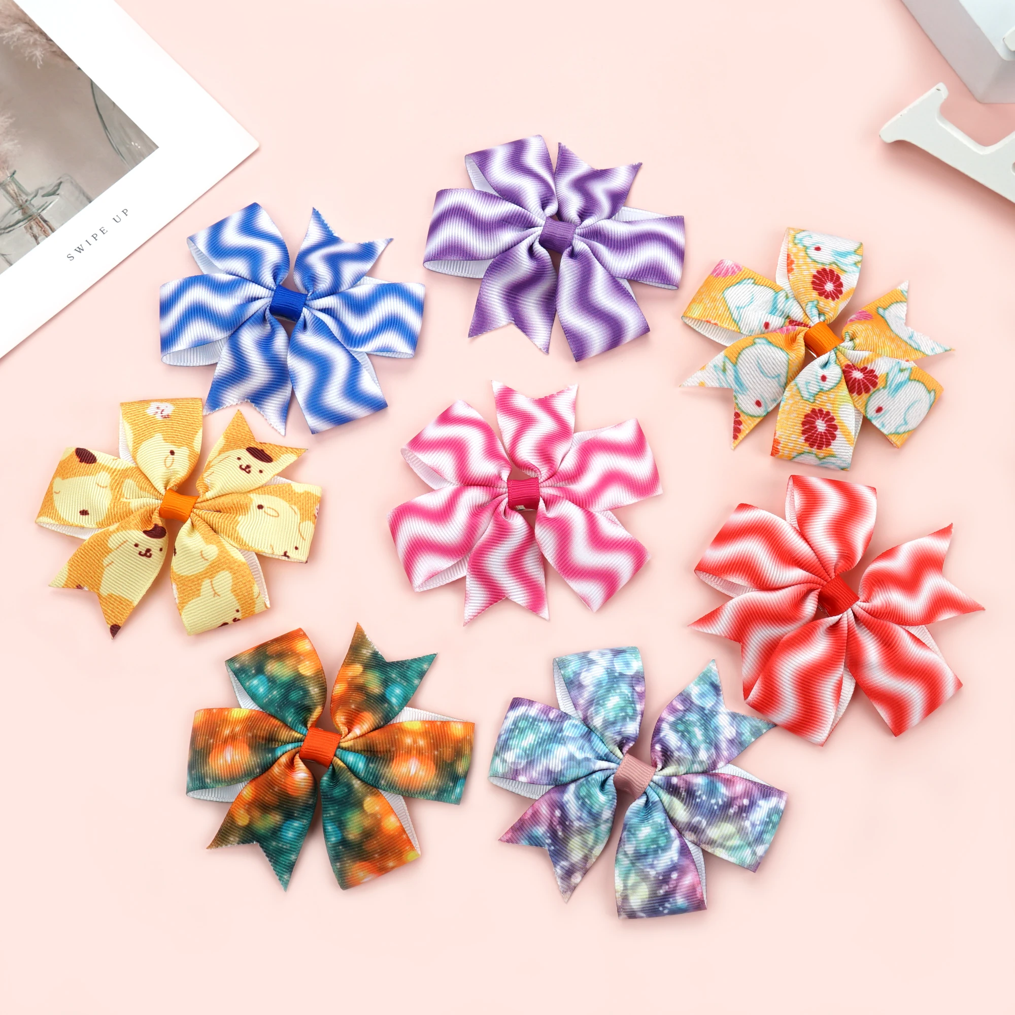 

Заколки для волос с принтом, зажимы с ребристыми бантами, галстуки в полоску для девочек, 10 шт.