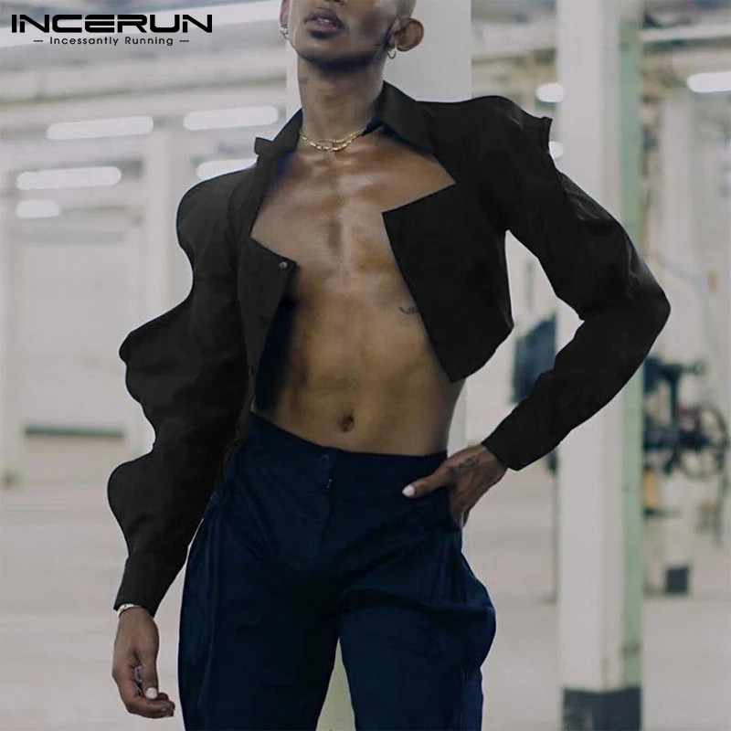 

Men Shirt Solid Lapel Long Sleeve Streetwear Fashion Irregular Shirts 2022 Hollow Out Casual Crop Tops Men Camisas S-5XL INCERUN