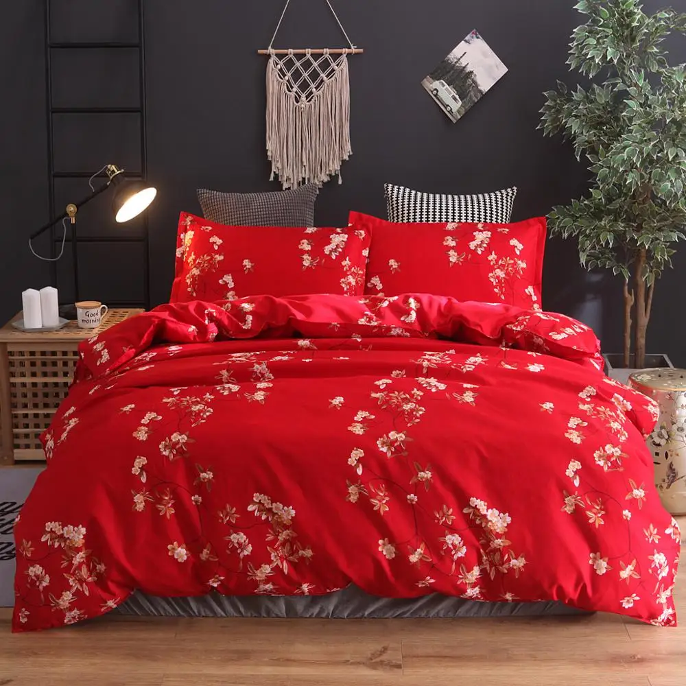 Flowers And Plants Bedding Set Cotton Article Printing 2 / 3 Pcs No Sheets Red Purple Quilt Cover Pillowcase Bedroom Queen | Дом и сад