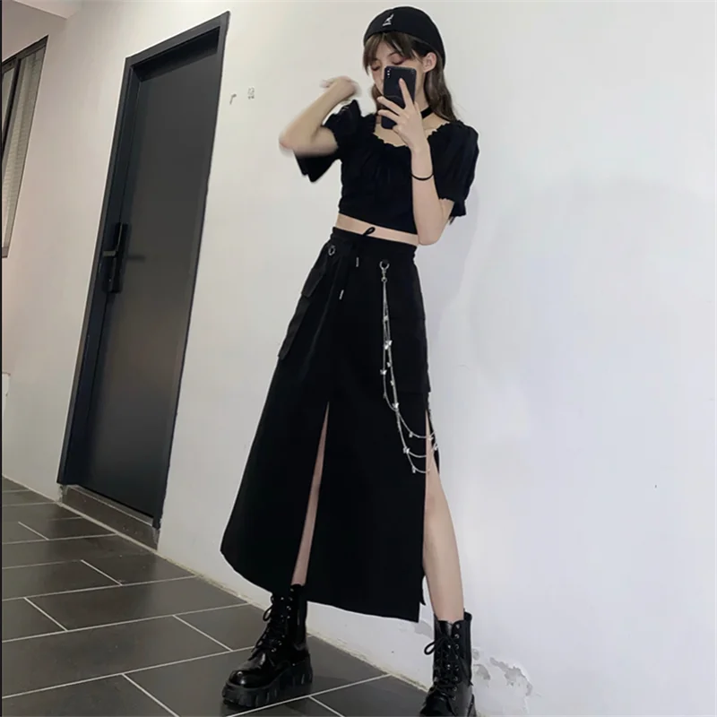 black pencil skirt 2021 New Spring Autumn Women Skirt Fashion Korean style Black Long Skirts with chain side slit Hip hop streetwear plus size mini skirts for women