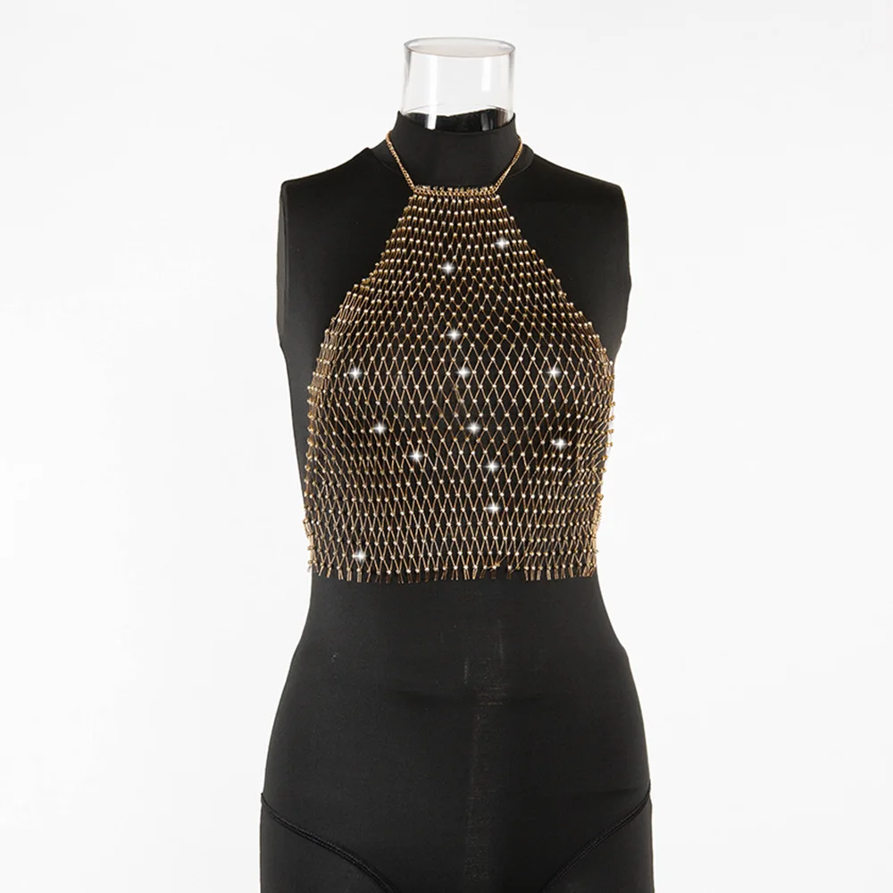 

Echoine Summer mesh flash diamond women metal camisole Hollw Out Sexy See Through Halter Tank Top