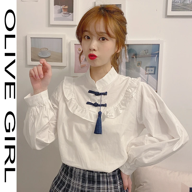 

Women Fashion Shirts Chinese Style Blouse Spring Autumn New Solid Stand Lantern Sleeve Button Loose Casual Wild Female