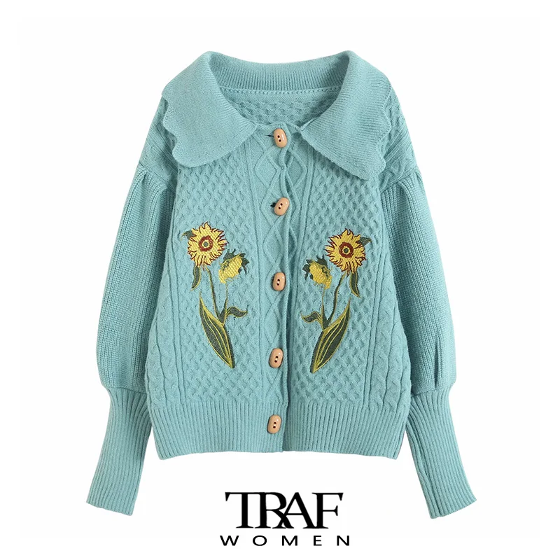 

TRAF Women Fashion Floral Embroidery Thick Warm Knit Cardigan Sweater Vintage Lantern Sleeve Female Outerwear Chic Tops