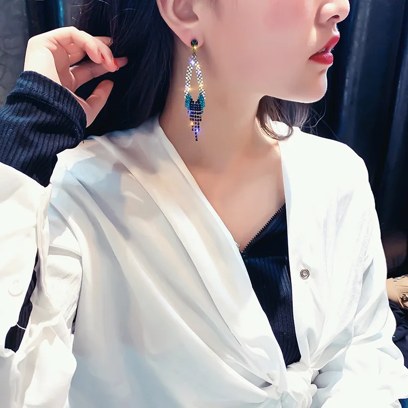 

USTAR Blue Crystals Long Tassel Geometric Hyperbole Drop Earrings for women Ethnic Dangle Earrings female Party Jewelry