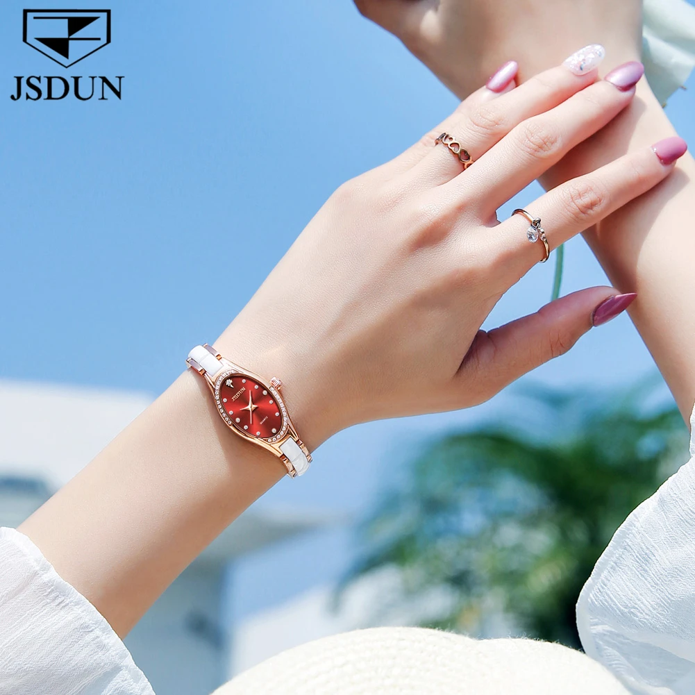 

video! JSDUN Simple oval exquisite ceramic watch Rose gold steel bracelet Fashion Woman Gift Mechanical watch