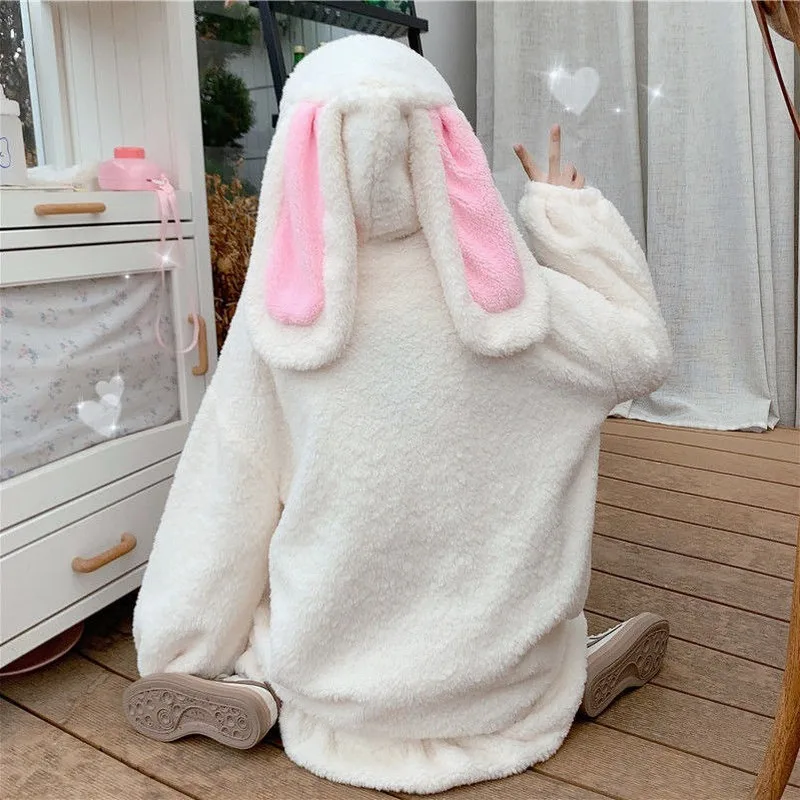 

Deeptown Kawaii Hoodies Women Winter Oversized Fashion Bunny Ears Sweatshirt Women Long Sleeve Cute Tops Warm Zip Up Hoodies