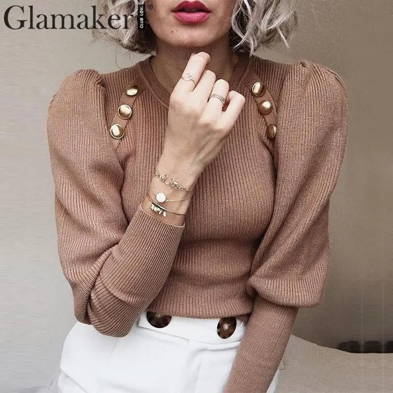 Женский трикотажный пуловер на пуговицах Glamaker элегантный офисный цвета хаки с