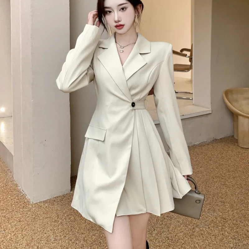 

2021 New Autumn French Temperament Pleated Mini Dress Women Korean Office Lady Work Wear Suit Dress Elegant Chic Robe Femme