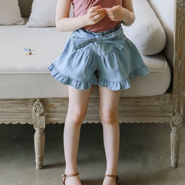 

Summer Girls Denim Shorts 2021 New Casual Solid Color Cute Bow Cotton Denim Skirt Shorts Kids Clothes Girls 1 To 8 Year Old