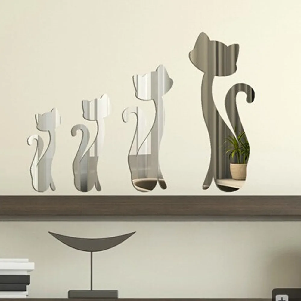 4 шт милые кошки серебряное зеркало украшение для дома комнаты искусство 3D DIY