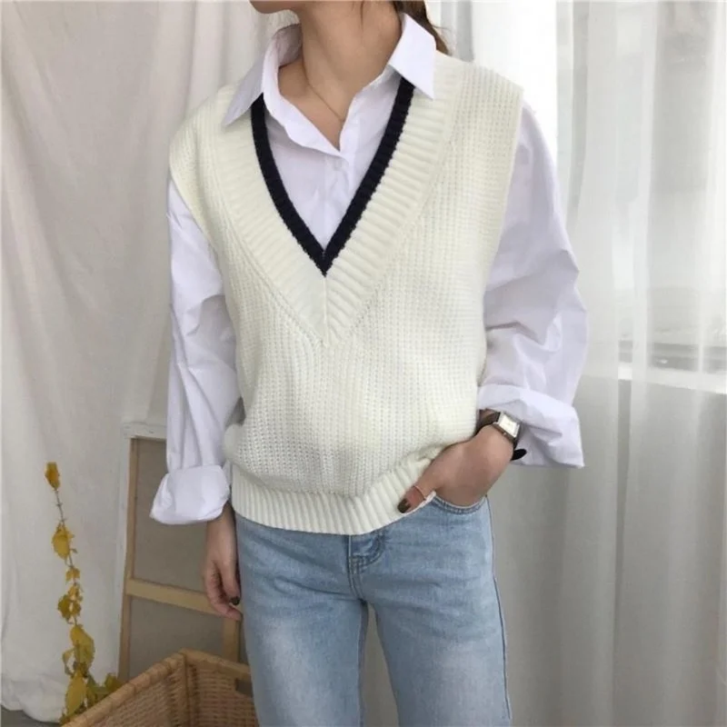 

2021 весна и осень новая Корейская версия пуловер с v-образным вырезом жилет свободный без рукавов дикий женский вязаный свитер Повседневный