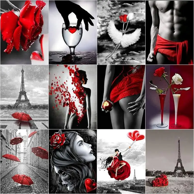 

CHENISTORY Diamond Embroidery Cross Stitch Kit Red Black Scenery Wall Art Portrait 5D Diamond Painting DIY Gift Home Decor