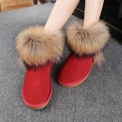 Модные женские ботинки зимние сапоги из натурального Лисьего меха г. Зимние сапоги из натуральной коровьей кожи женская обувь на нескользящей резиновой подошве - Цвет: Red