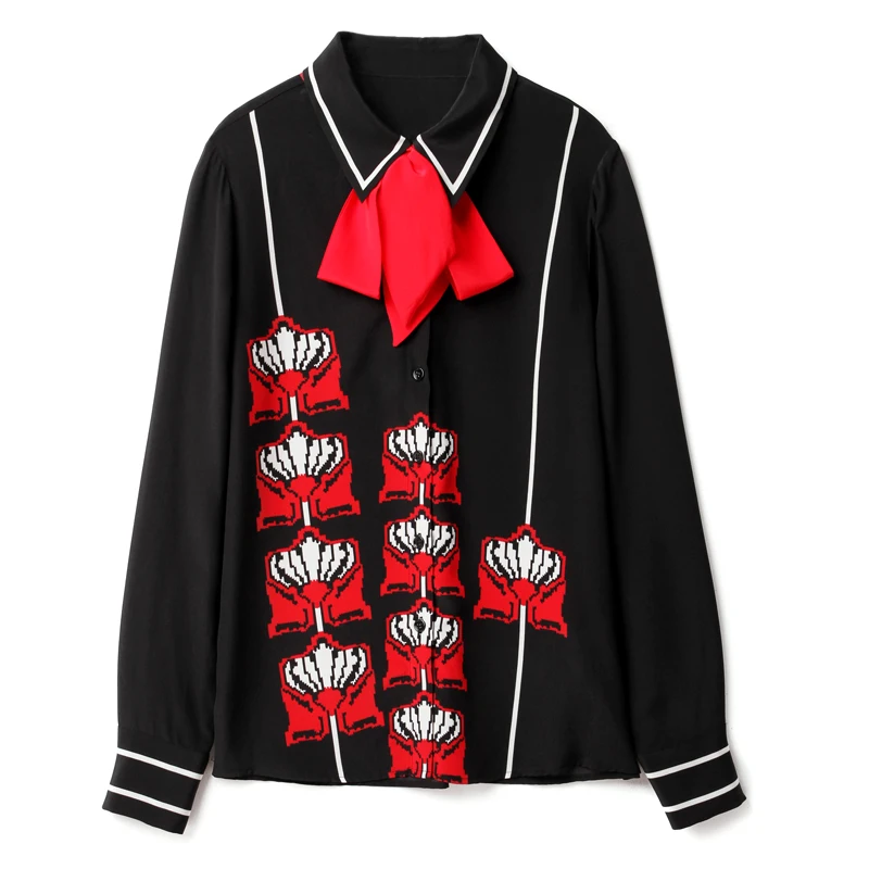 

100% Silk Women's Shirt Turn Down Collar Long Sleeves Bow Detailing Printed Fashion Casual Camisa Tops