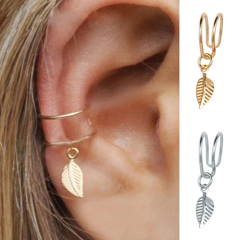 

Vintage Simple Leaf Ear Cuff Non Pierced Clip Earrings for Women Trendy Punk Small Carved Plant Crystal Circle Earrings
