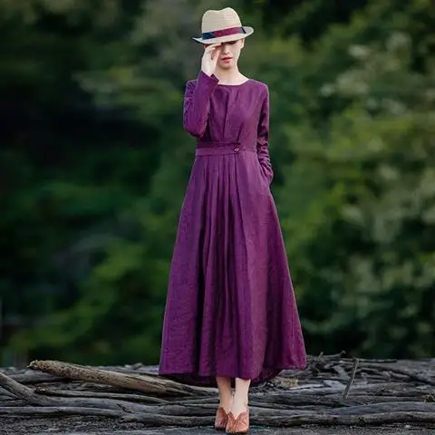 

Ethnic Style Artistic Linen-like Dress Women 2021 High-End Waist-Tight Slimming Elegant Long Dress Autumn Winter Small Young