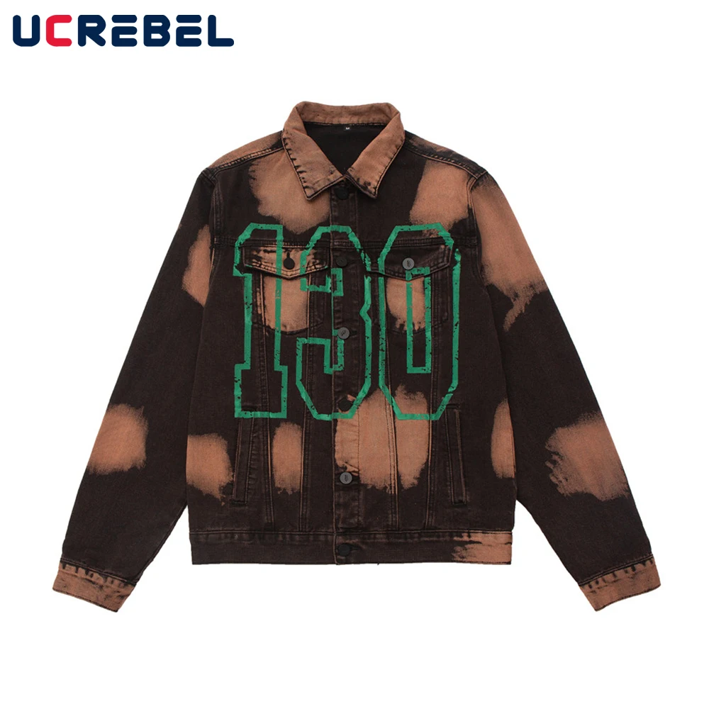 

Letter Print Distressed Denim Jacket Mens Autumn High Street Outerwear Streetwear Casual Loose Lapel Jeans Jacket Men