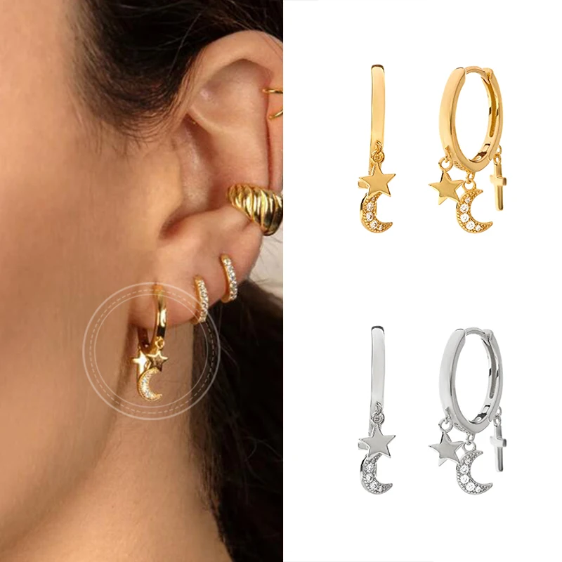 

Light luxury 925 Silver Moon Star Drop Earrings Gold Ins Star Zircon Small Hoop Earrings For Women Korean Jewelry Gift brincos
