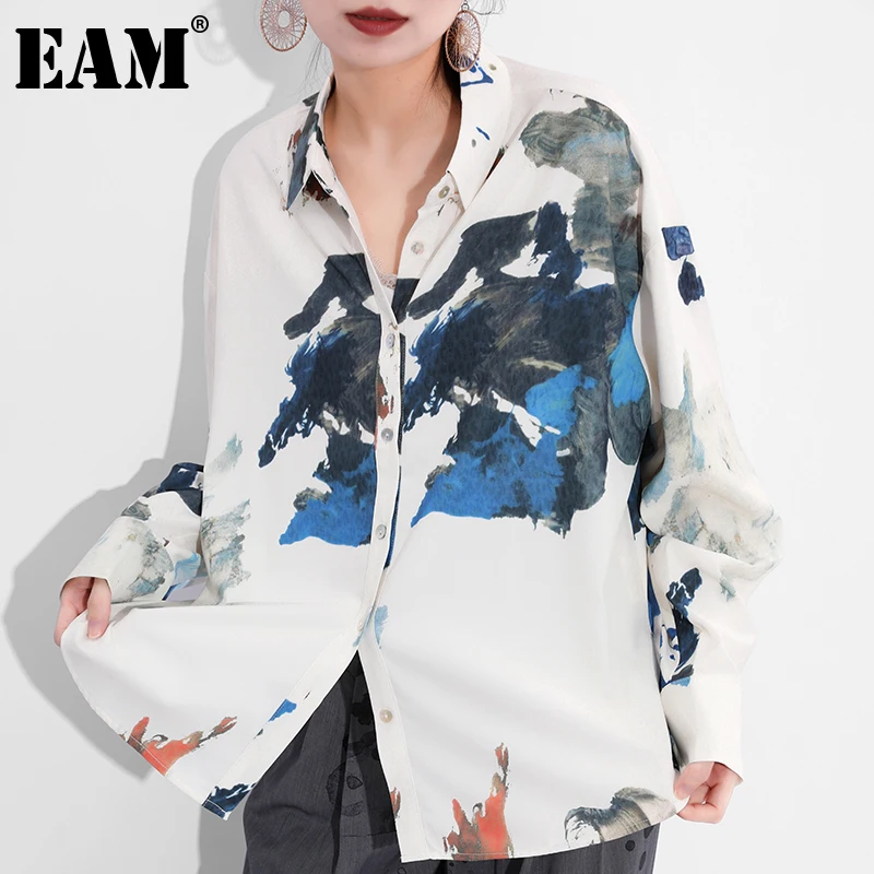 

[EAM] Women Pattern Printed White Big Size Blouse New Lapel Long Sleeve Loose Fit Shirt Fashion Tide Spring Autumn 2022 1Z05900