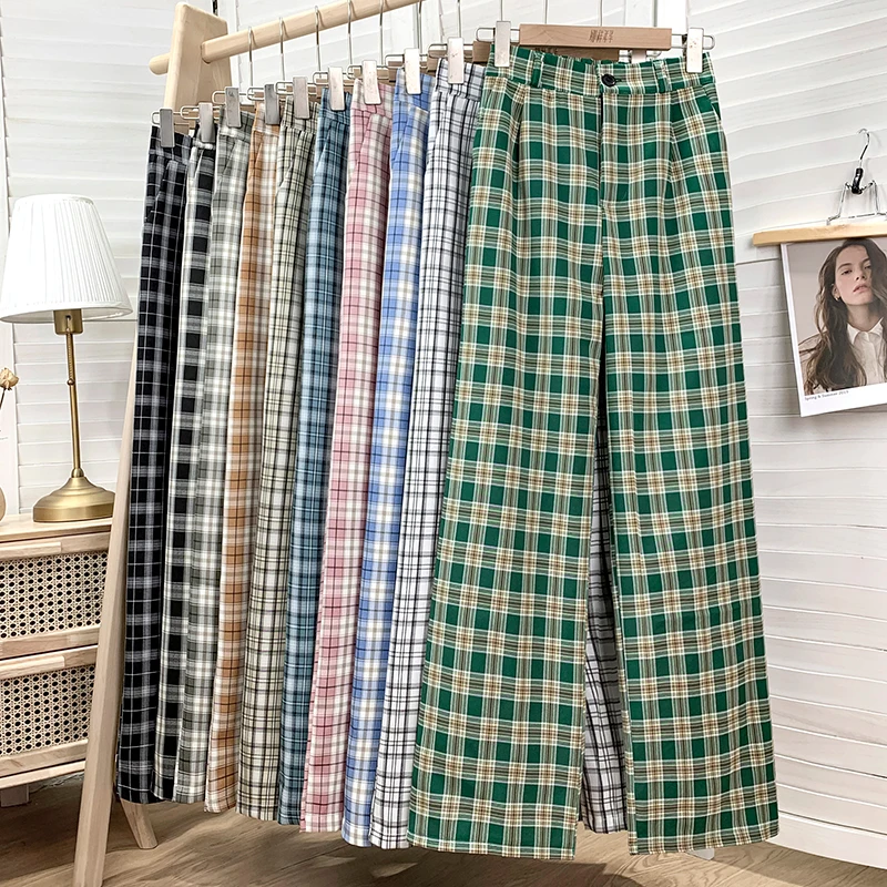 

Cheap wholesale 2021 spring summer new fashion casual Popular long women Pants woman female OL wide leg pants plaid pants Vy111