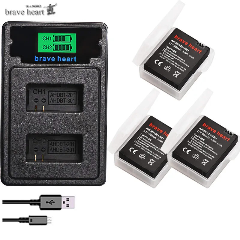 charger and 3battery Новая батарея 1600mAh GoPro hero 3 батарея+ USB lcd двойное зарядное устройство для Gopro Go pro hero 3 GoPro hero 3+ hero 3 Аксессуары для камеры - Цвет: charger and 3battery