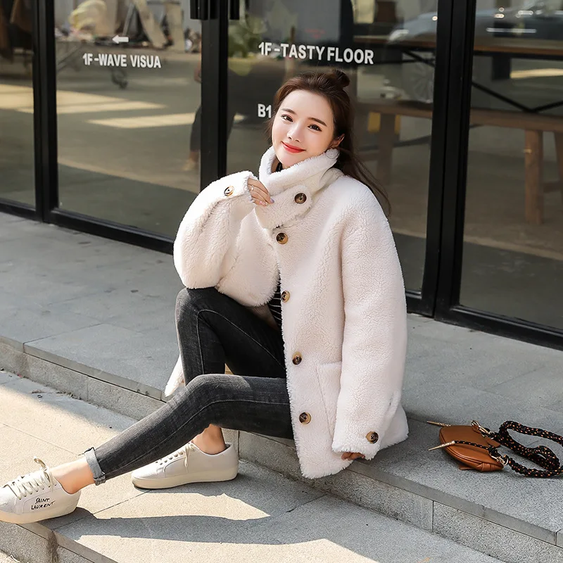 Женское меховое пальто зима 2019 новое корейское Свободное из овечьей кожи