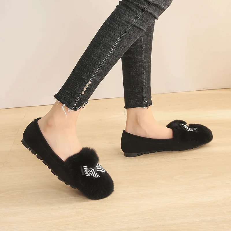 

BEYARNECasual flat fur shoes for women plush shoes autumn winter loafers round toe genuine leather wool large size women loafers