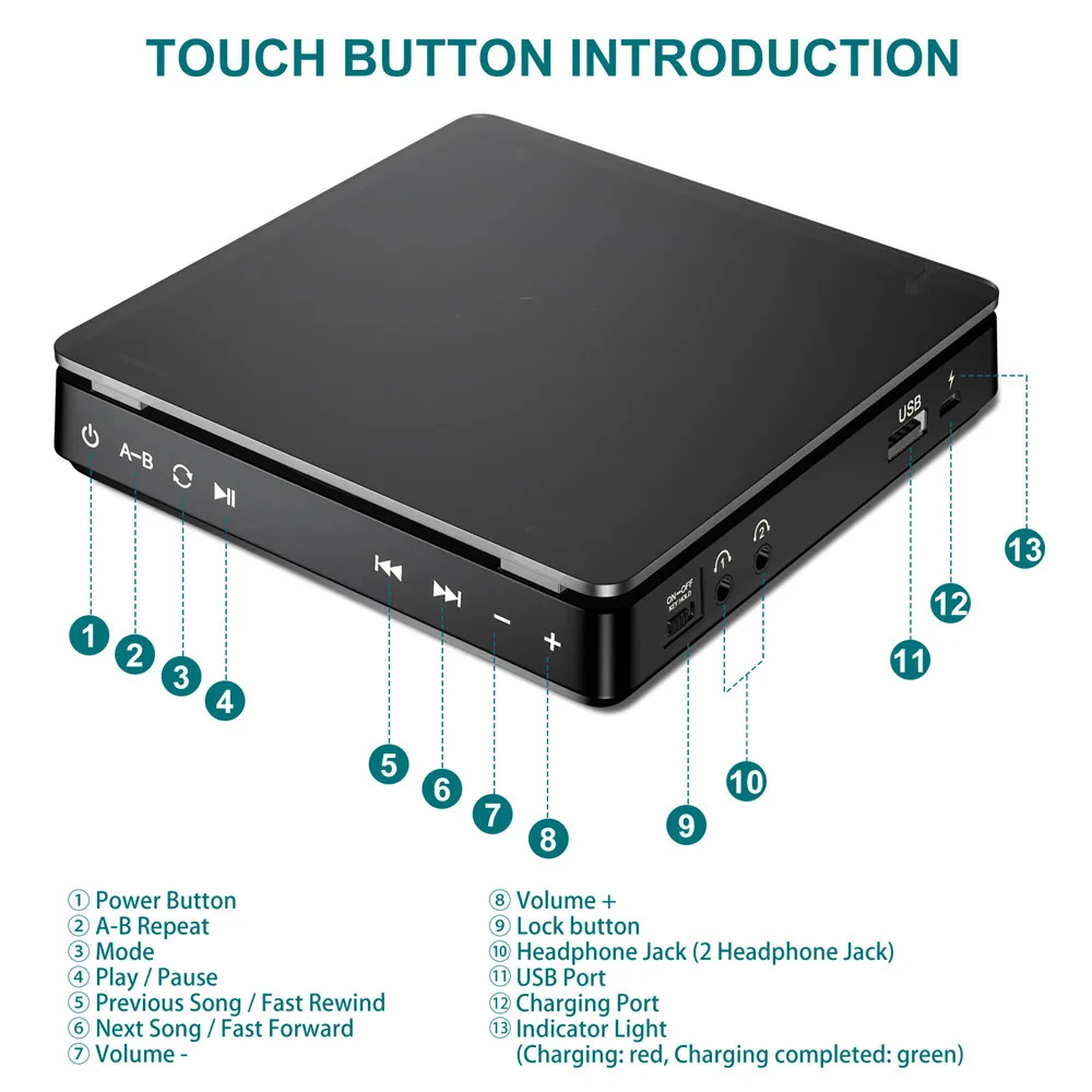 Спортивный Портативный CD-проигрыватель с перезаряжаемой сенсорной кнопкой