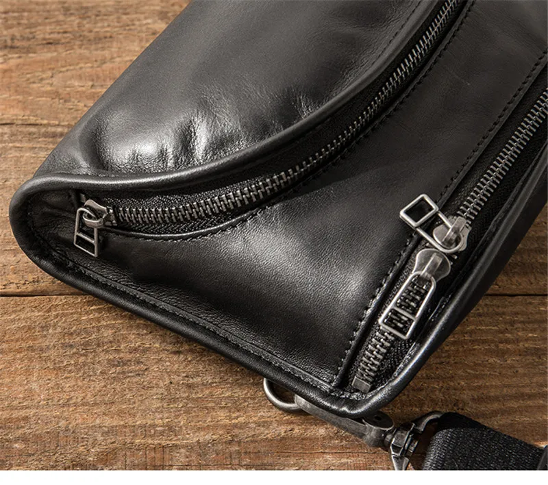 Simple Casual Fashion genuine Leather Men's Black Chest Bag Daily Outdoor Weekend Travel Soft cowhide Shoulder Messenger Bag