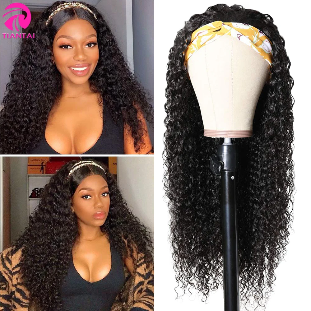 

TIANTAI Deep Wave Headband Wig Human Hair Curly Human Hair Wigs for Women Glueless Wig with Bangs Brazilian Hair Wig Scarf Wig