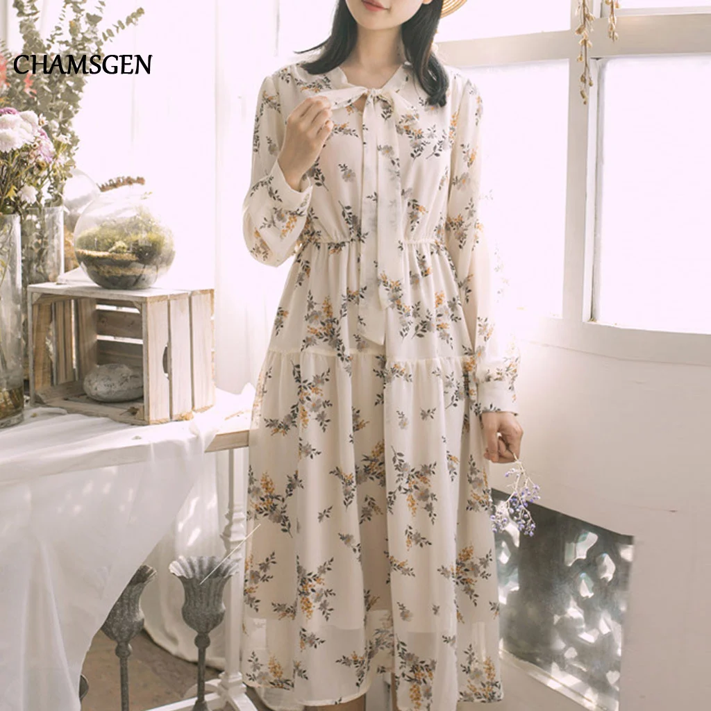 Женское богемное платье с бантом и цветочным принтом CHAMSGEND свободное высокой