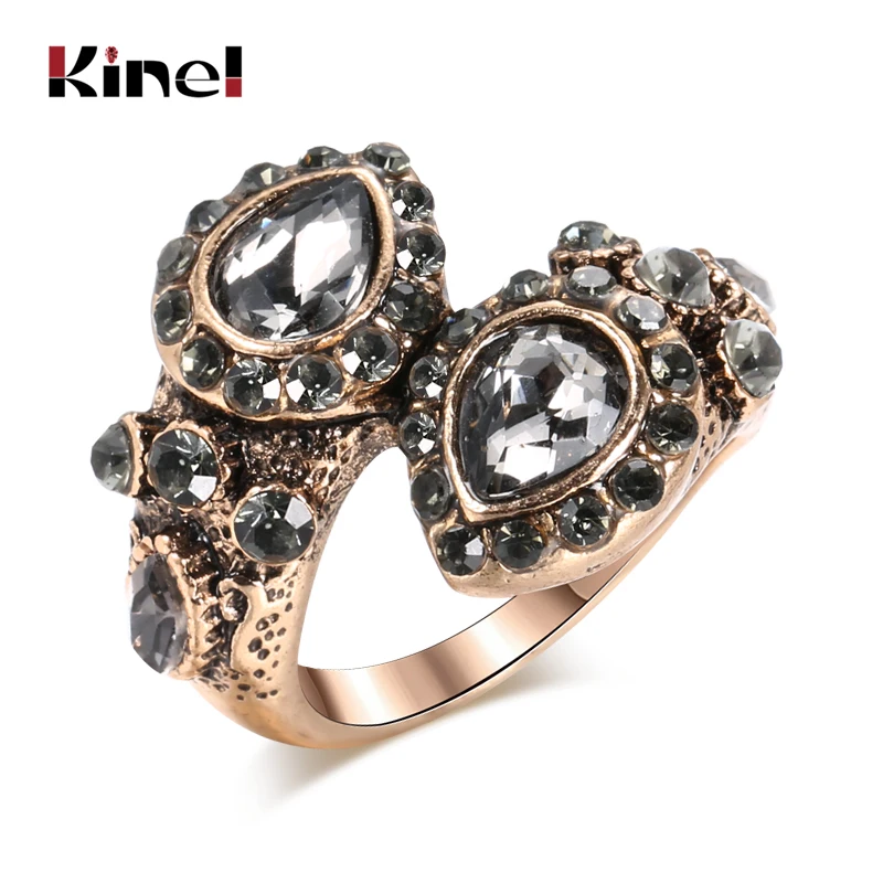 

Kinel Bohemia Gray Stone Ring For Women Ethnic Vintage Wedding Jewelry Antique Gold Cross Rings Turkish Accessories
