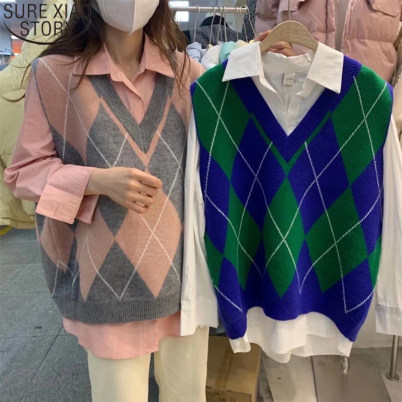

Женский вязаный клетчатый свитер, винтажный Свободный пуловер контрастных цветов, без рукавов, с узором ромбиками, Осень-зима 16834