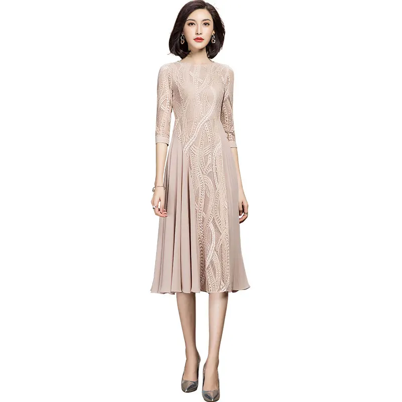 

2021 Spring Autumn Casual O Neck Three Quarter Floral Lace Dress for Woman