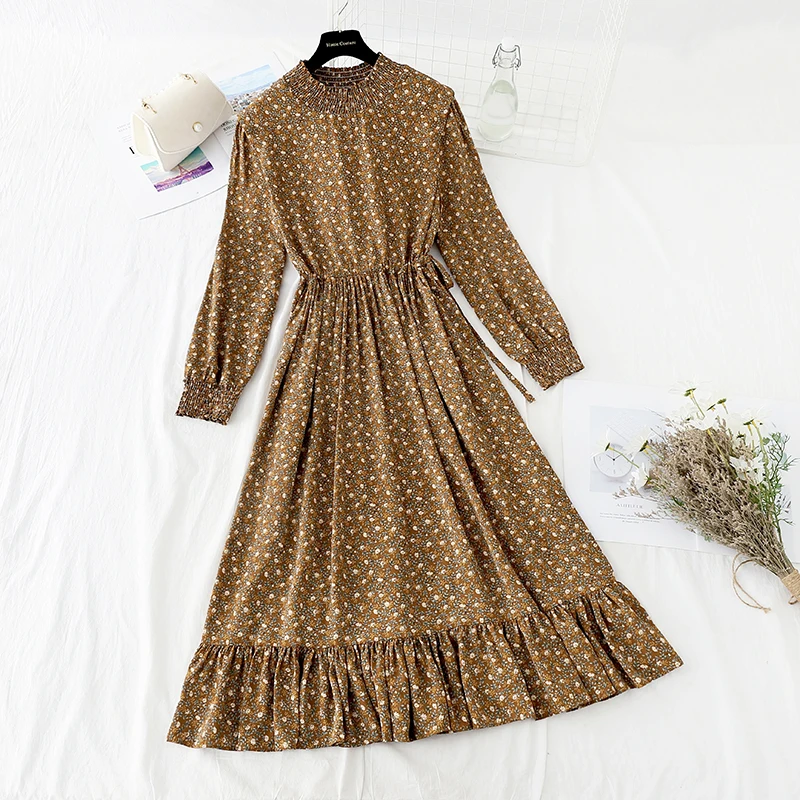 

2020; Сезон весна-осень; Женское платье в Корейском стиле с украшением в виде цветка, с оборками и сужающаяся к талии белое шифоновое платье с в...