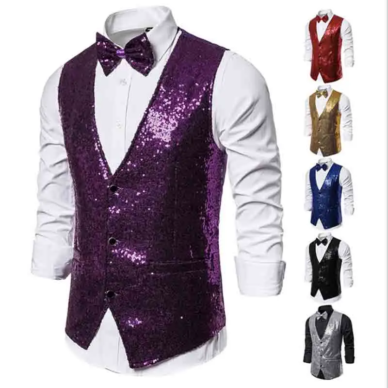 

Men`s Sequins Suit Vest Single Breasted Wedding Party Men Waistcoat Formal Vest For Men Golden Blue Gray Purple Plus Size XXL