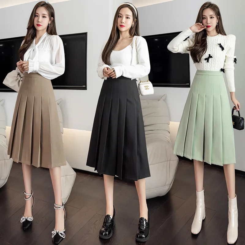Vintage Zipper Slim Pleat Long Skirt Women 2021 Winter Spring Ladies Elegant Office Mid-Length High Waist Pleat Skirt Female