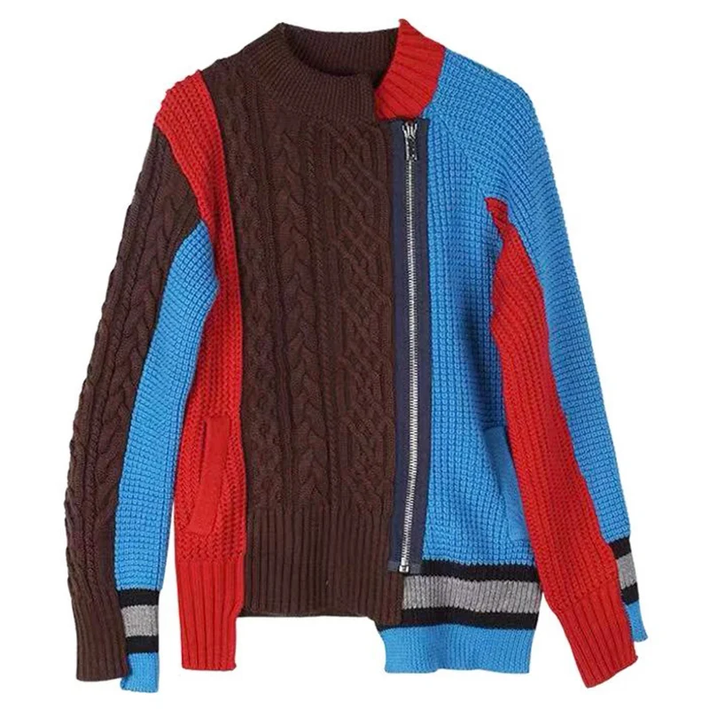 LANMREM Contrast Color Stitching Round Neck Long Sleeve Zipper Irregular Woman Sweater Casual Fashion 2020 Spring New TV296 | Женская