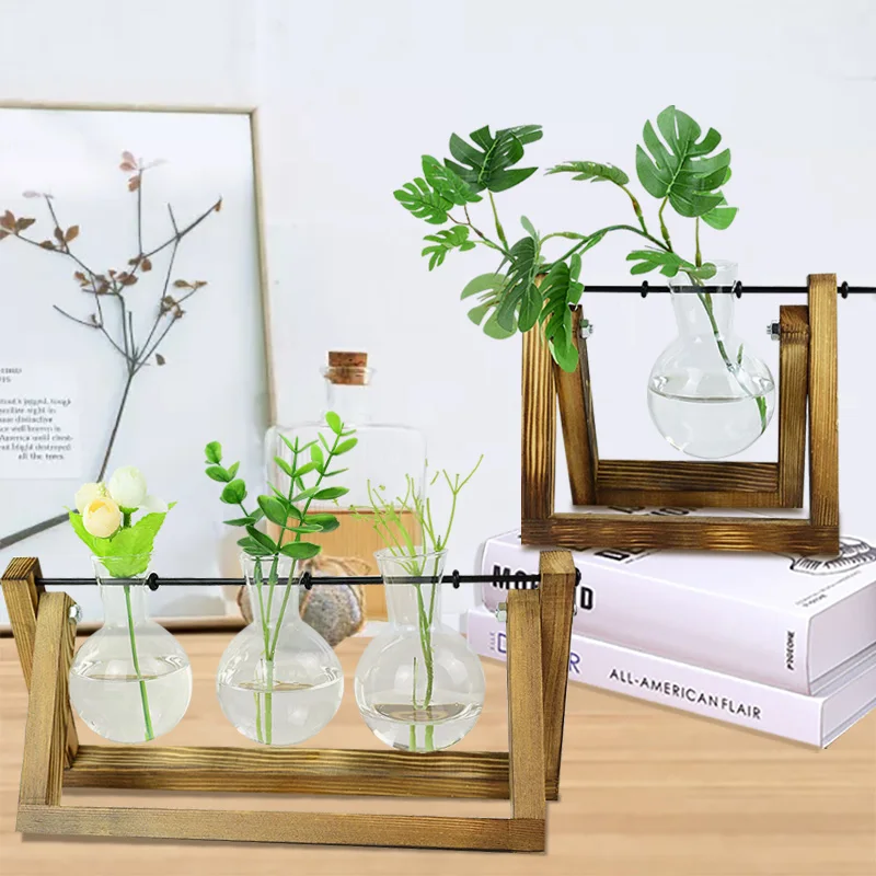 

Fashion Terrarium Hydroponic Plant Wooden Frame Transparent Glass Vase Home Gardent Table Bonsai Plants Decoration Flower Vase