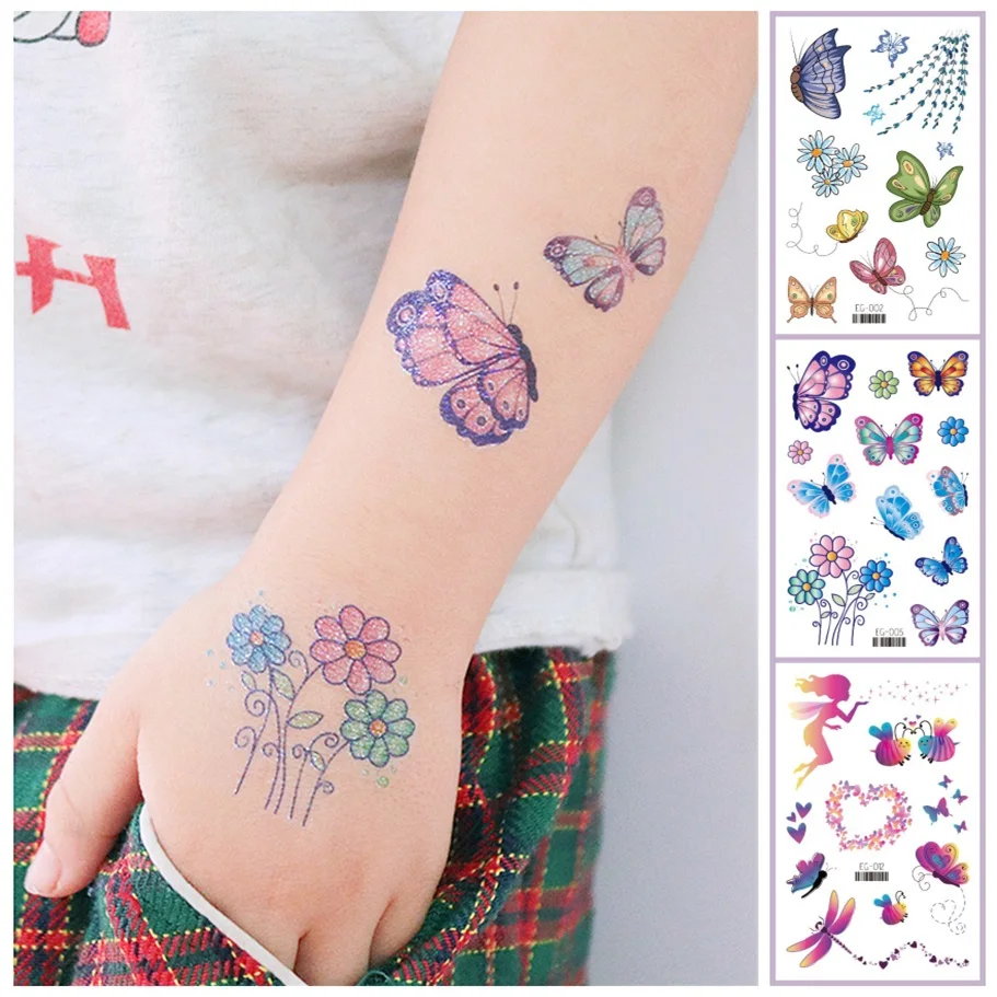12 видов блестящих детских татуировок мультяшный цветок бабочка сказочные