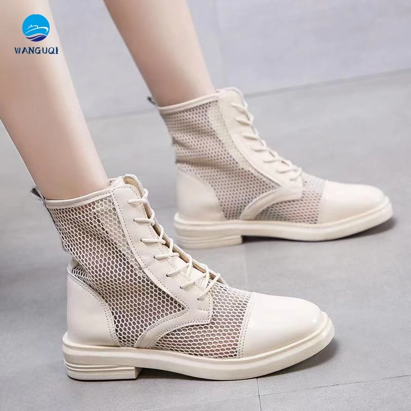 

2021 spring and summer new leather sandals thick-heeled thick-soled front lace female boots mid-tube all-match net boots